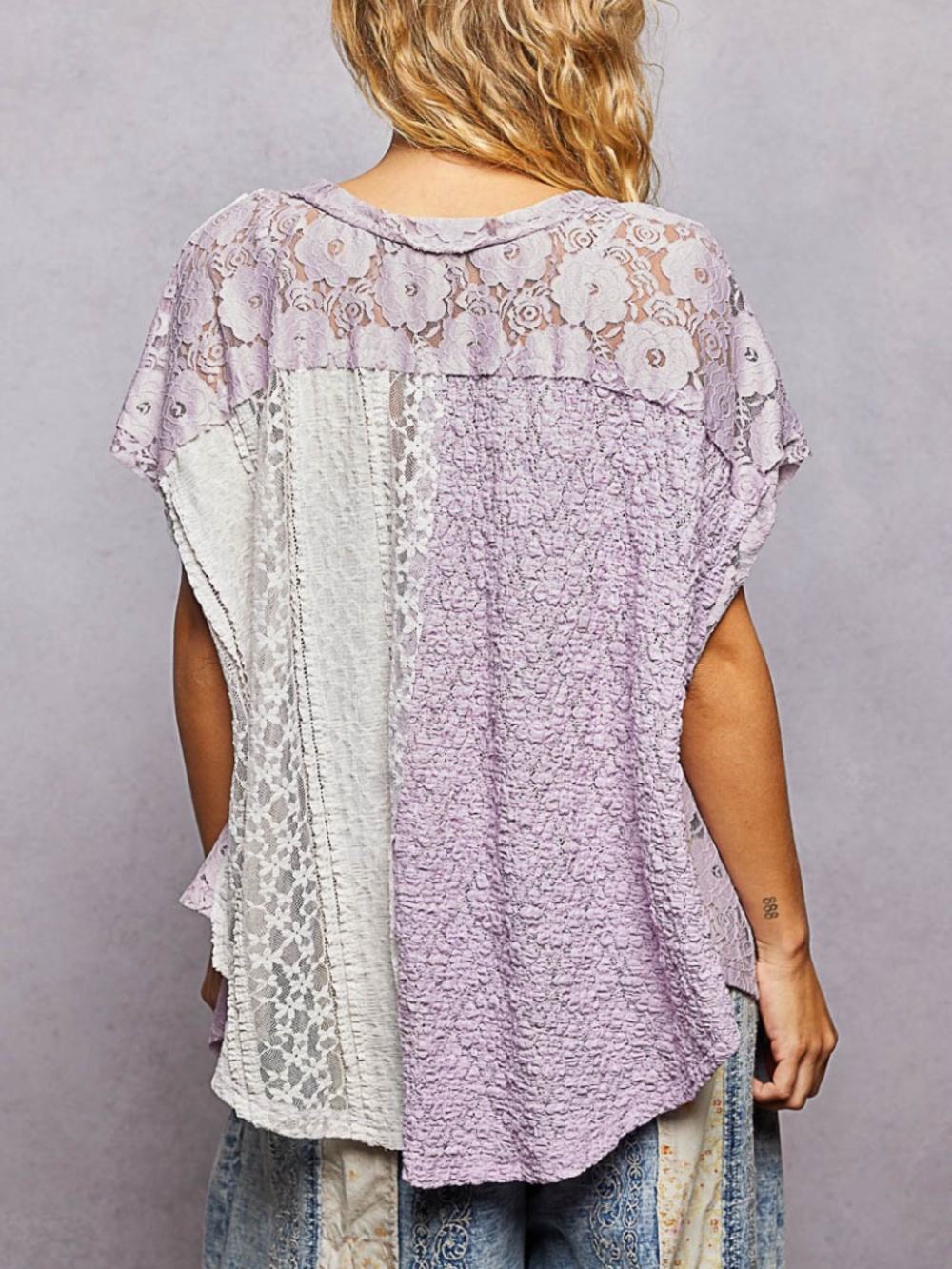 Pol Lavender V neck Floral Lace Semi Sheer Loose fit Top - Picture 2 of 5